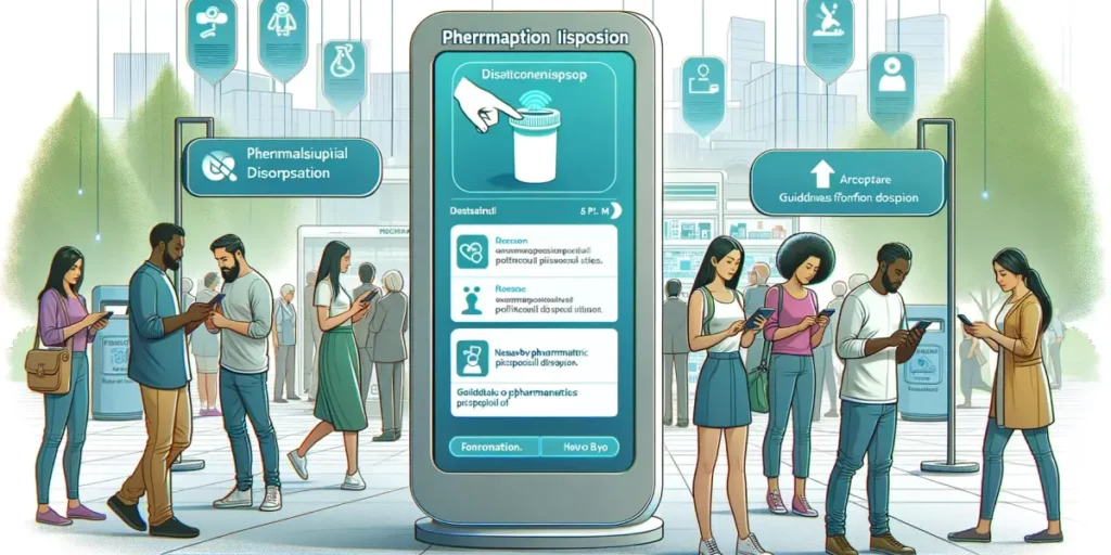 An illustration showcasing the accessibility of pharmaceutical disposal information via digital platforms and mobile apps. The image features a divers