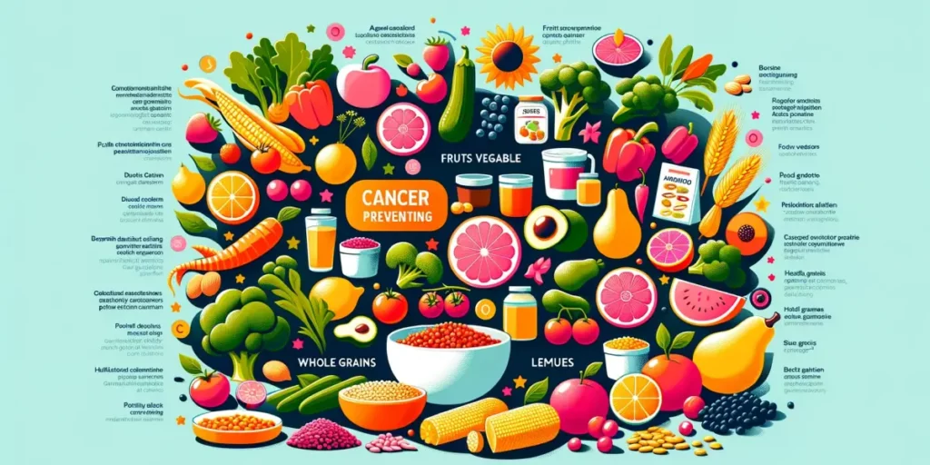 An illustration showing a variety of foods that are known for their cancer-preventing properties arranged in a colorful and informative layout. The fo