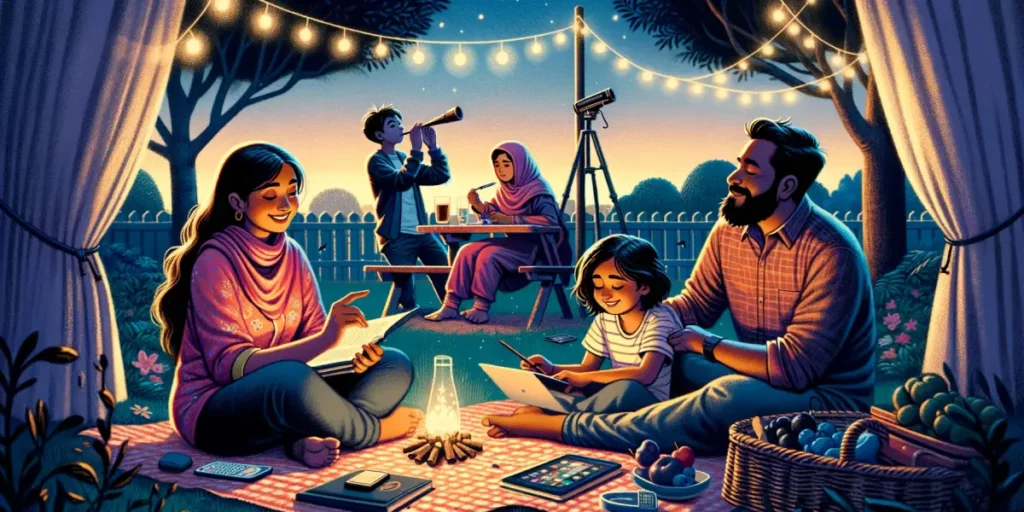 An image depicting a family enjoying a tech-free evening. The scene is set in a backyard during twilight. The family consists of a South Asian mother,