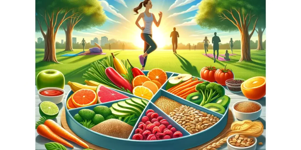 An image depicting habits and lifestyle choices for cancer prevention, including a variety of fruits and vegetables, whole grains, and physical activi