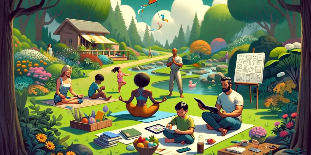 An image depicting strategies for reducing reliance on smart devices, set in a peaceful garden during daytime. The scene includes a diverse group of p