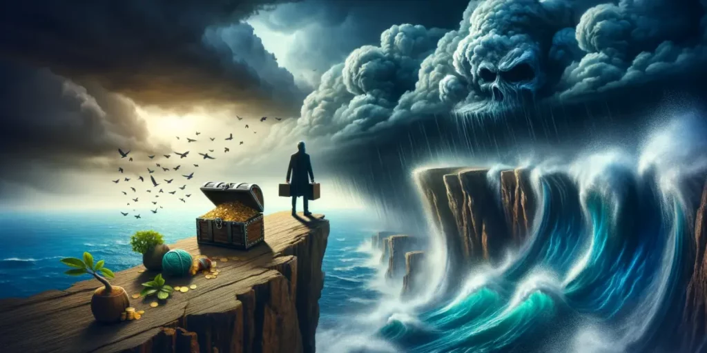 An image depicting the dangers of excessive greed, showing a figure on a cliff's edge with a treasure chest, while a storm brews overhead and the sea