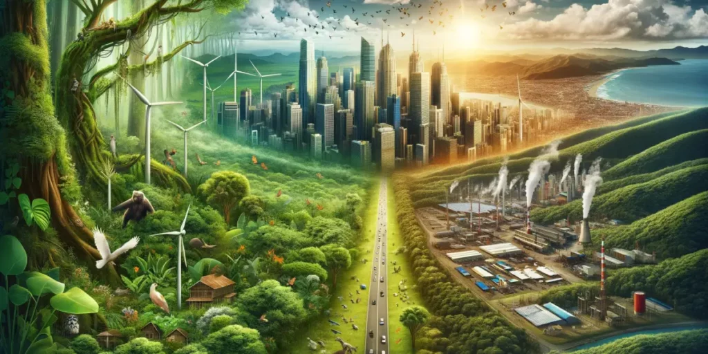 An image encapsulating the concept of 'The Sustainable Pursuit of Greed', showing a juxtaposition of nature and industrialization. On one side, there'