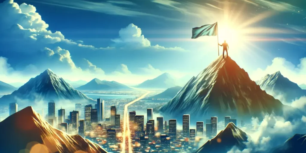An image representing the positive role of ambition for progress, showing a figure standing on top of a mountain with a flag, symbolizing achievement