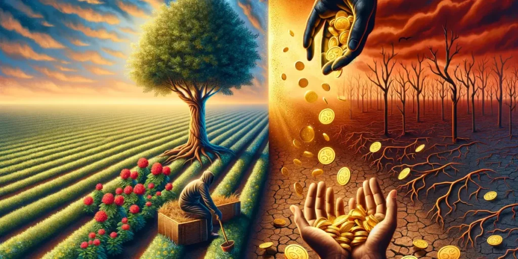 An image split in two halves; on the left, a metaphorical representation of positive ambition with a person planting a tree, symbolizing growth and nu