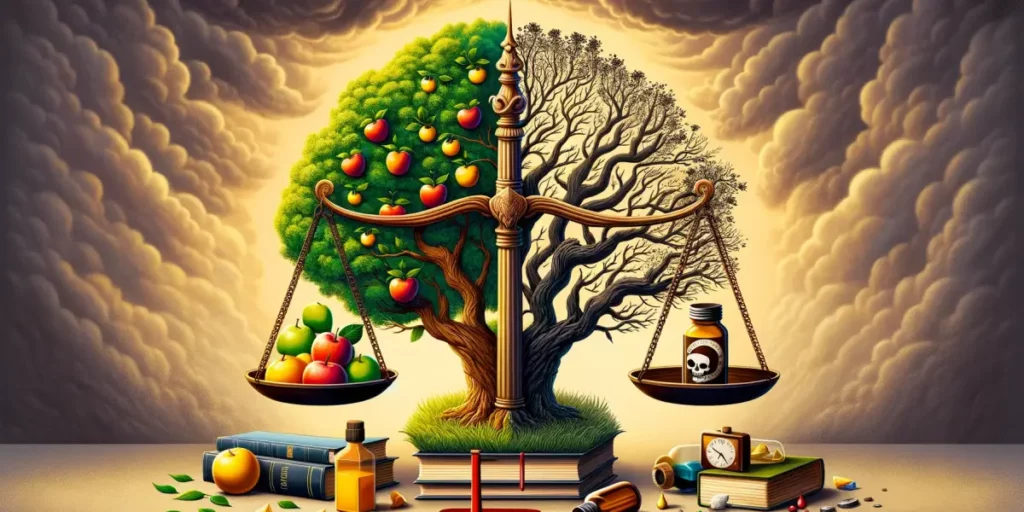 An image symbolizing the dual nature of greed, with one side showing a flourishing tree with fruits, symbolizing personal growth and societal developm