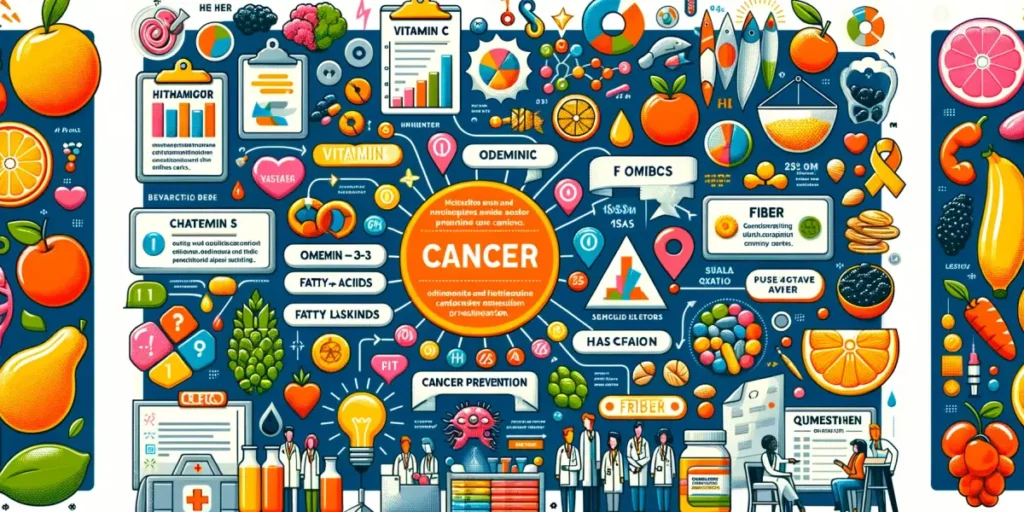 An infographic detailing the effects of different nutrients on cancer prevention, with colorful charts, graphs, and icons representing various vitamin (2)