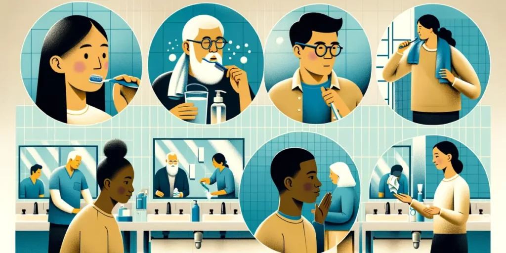 An informative illustration portraying the criticality of personal hygiene. This scene includes a diverse array of individuals partaking in various hy