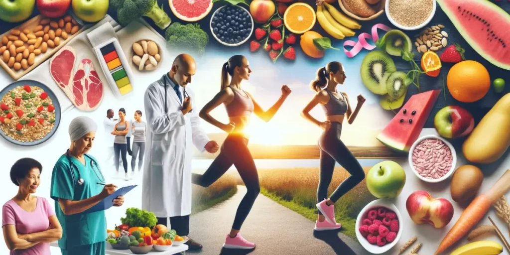An inspirational image showing a healthy lifestyle, including a balanced diet with fruits, vegetables, and whole grains, a person exercising like jogg