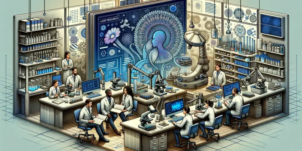 An intricate and detailed illustration of a modern research laboratory. The lab is filled with various scientific equipment like microscopes, test tub
