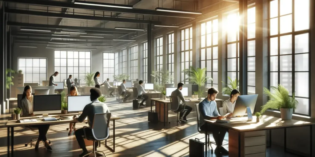 An office space filled with natural light, showcasing the positive impact of sunlight on productivity and focus. The scene includes a modern, spacious