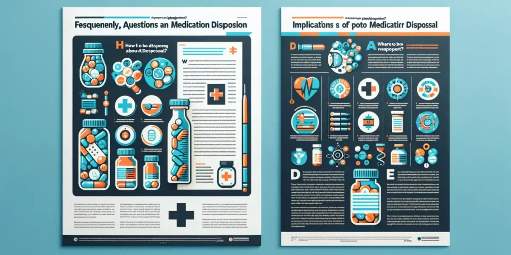 Create two distinct images. The first image should be a visually appealing infographic titled 'Frequently Asked Questions About Medication Disposal'.