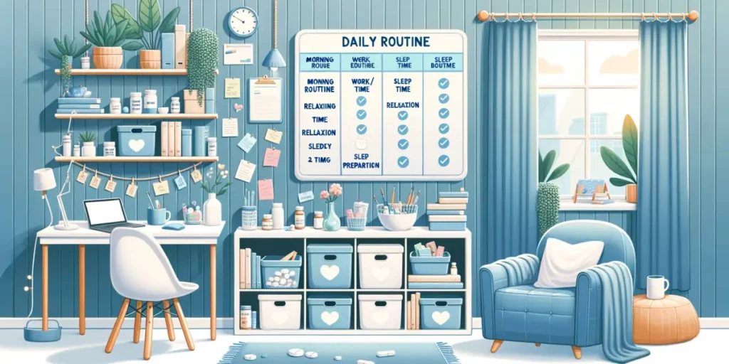 Illustration of a bright, organized bedroom. On a whiteboard, there's a daily routine chart divided into sections like 'Morning Routine', 'Work_Study