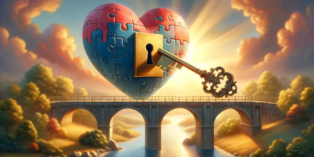 Image 1_ A metaphorical depiction of humor as a key opening a heart-shaped lock. The scene is set in a warm, inviting environment, perhaps a cozy room