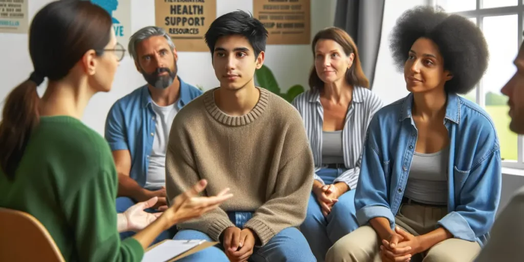 Photo of a diverse group of people engaged in a supportive group therapy session. In the foreground, a female therapist of African descent is listenin