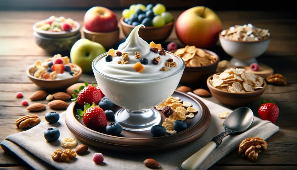A bowl of Greek yogurt, showcasing its creamy texture and high protein content. The yogurt is served in a simple, elegant bowl, placed on a wooden tab