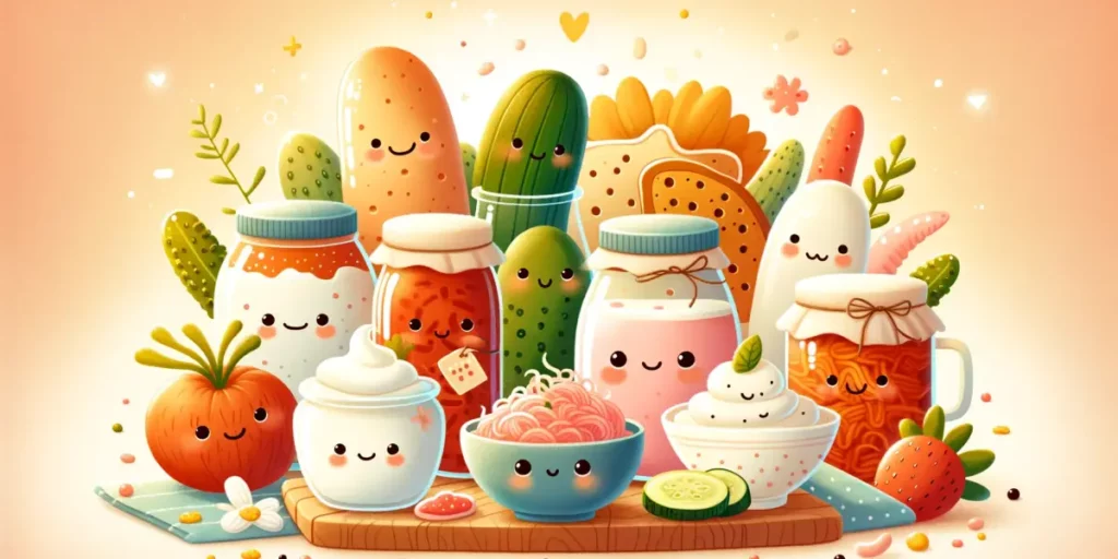 A charming and friendly illustration highlighting the benefits of fermented foods for the immune system. The scene shows a variety of colorful ferment