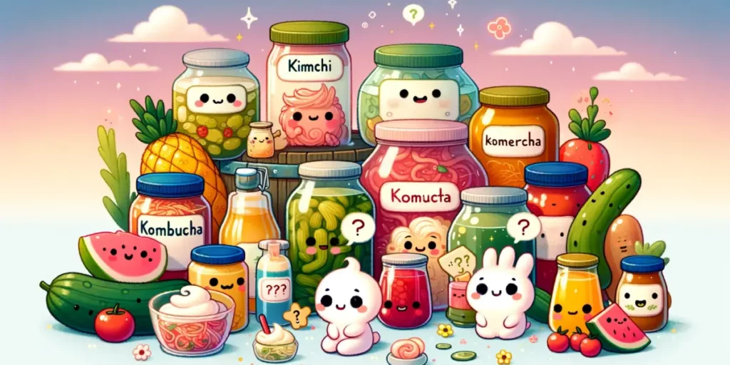 A charming and friendly illustration showcasing a variety of fermented foods with a cute, memorable style. The scene includes a colorful array of ferm