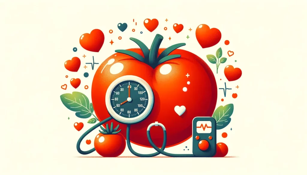A charming and memorable illustration highlighting the nutritional benefits of tomatoes and their effect on lowering blood pressure. The image should