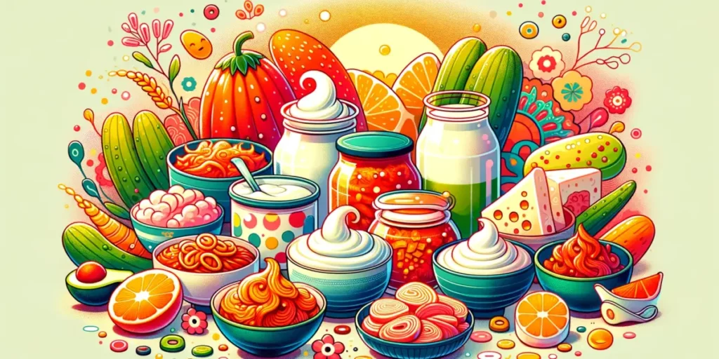 A colorful and appealing illustration showcasing a variety of fermented foods, each with its unique appearance and character. The scene includes kimch