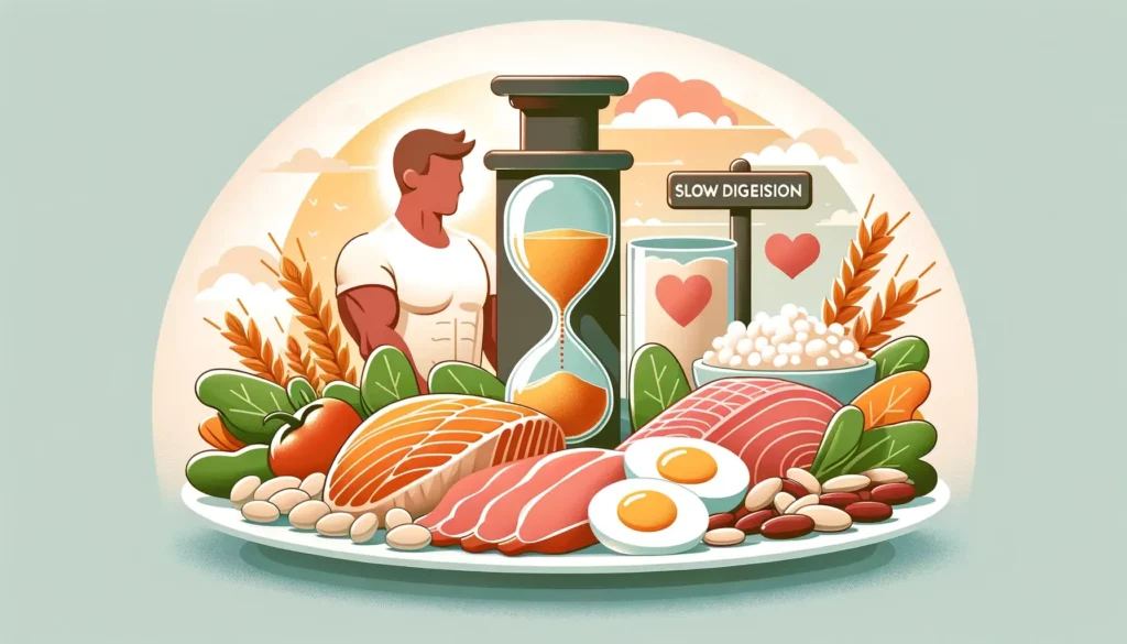 A friendly and memorable illustration depicting the importance and health impact of proteins. The image shows a balanced meal on a plate, with a varie