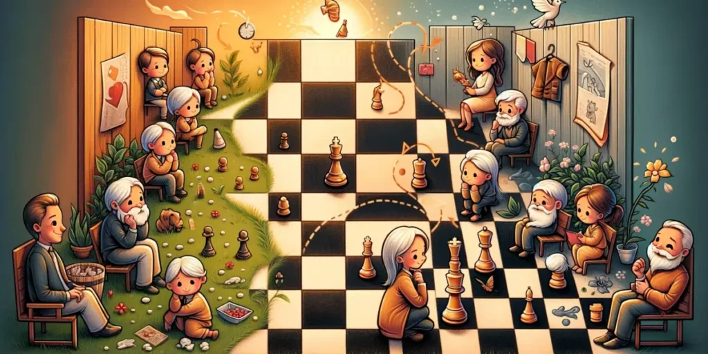 A heartwarming and memorable illustration depicting the similarities between life and the game of Othello. The image should encapsulate strategic thin