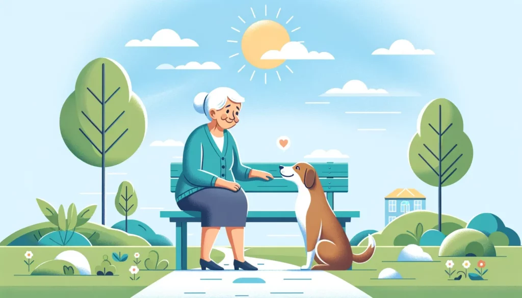 A heartwarming, simple illustration depicting the positive impact of pets on mental health and aging. The scene shows an elderly person with a content