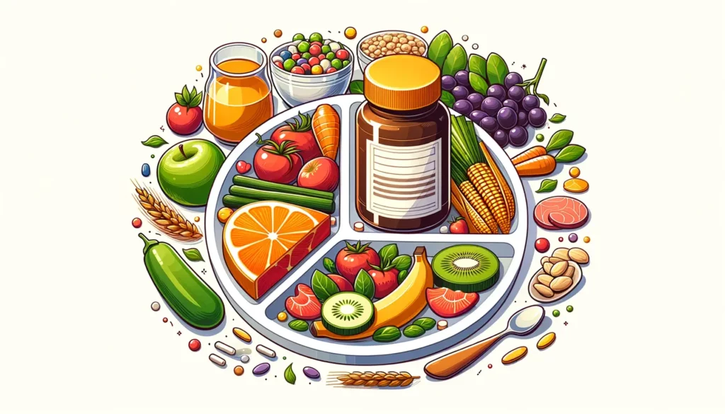 A memorable and friendly illustration emphasizing the importance of a balanced diet and health supplements. The image should feature a balanced plate