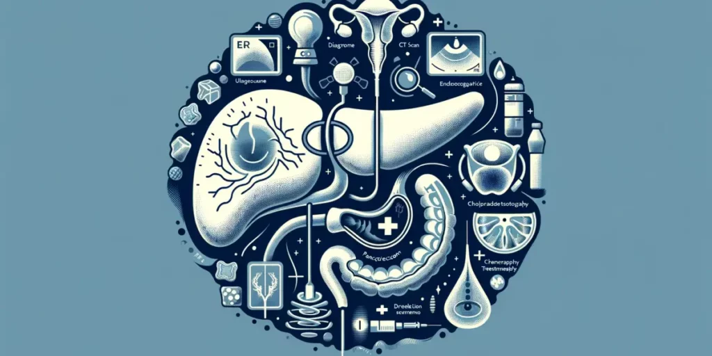 A simplified and impactful illustration representing the diagnosis and treatment of pancreatic cancer. The image shows a stylized representation of a