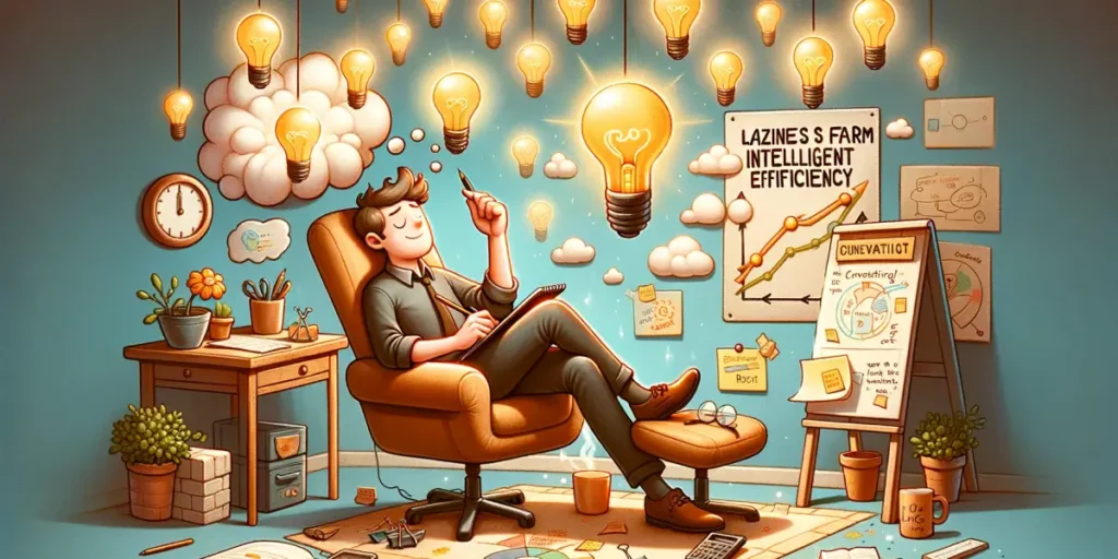 A thoughtful and endearing illustration depicting the concept of 'laziness as a form of intelligent efficiency.' The scene shows a relaxed, creative h