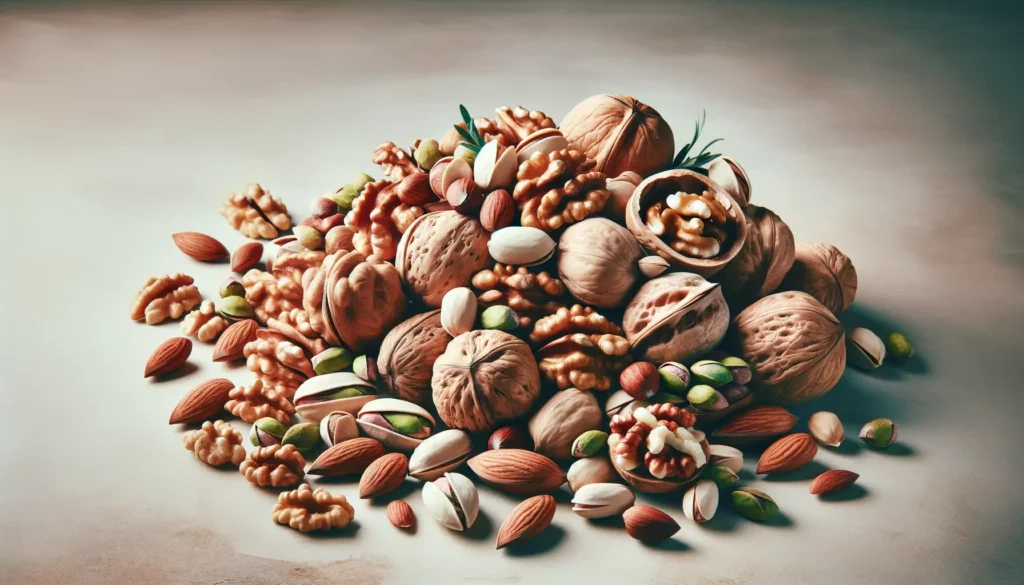 A visually appealing and memorable image featuring a variety of nuts, symbolizing good protein and healthy fats. The nuts should be arranged artistica