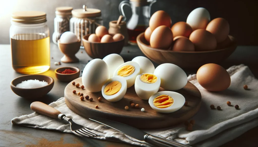A visually appealing and memorable image showcasing hard-boiled eggs as a healthy, low-calorie, high-protein snack. The image should be simple and not