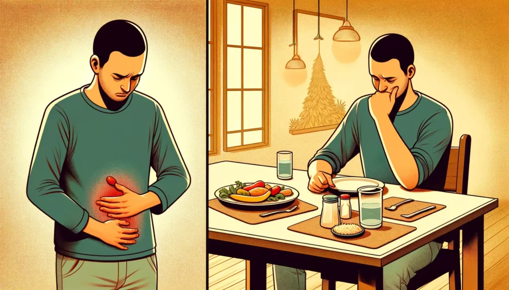 A visually impactful yet simple illustration representing the relationship between skipping meals and indigestion. The image should depict a person wi