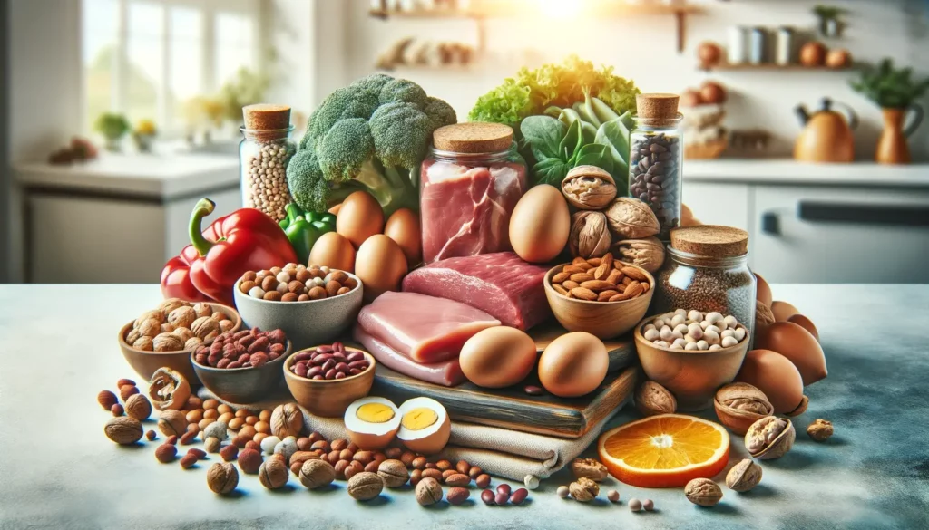 A visually striking and memorable image representing a high-protein diet aiding in weight loss. The image should feature a variety of high-protein foo