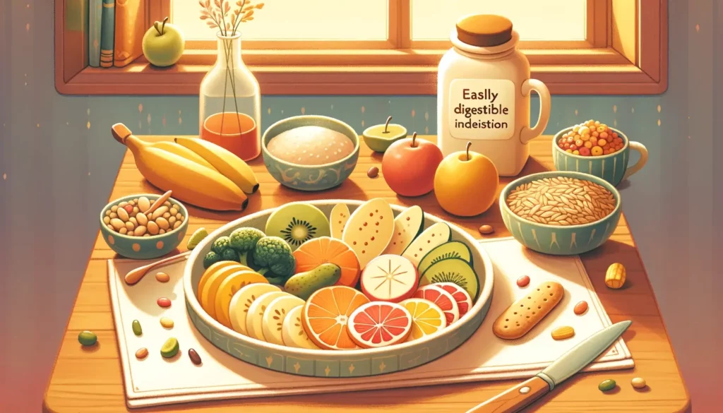 A warm and friendly illustration depicting a balanced diet for managing indigestion. The image shows a small, neatly arranged plate with easily digest