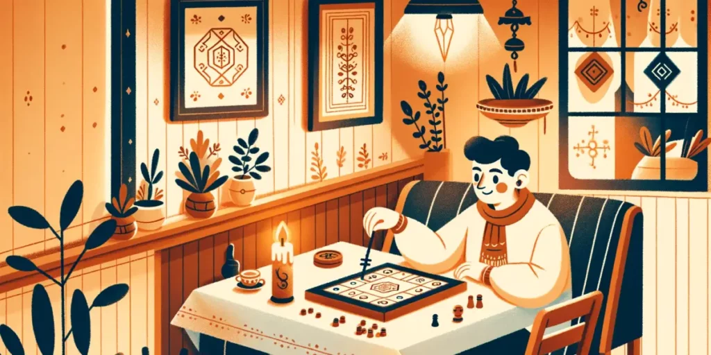 A warm and friendly illustration embodying the concept of adapting to change, inspired by the game of Othello. The scene features a person sitting at