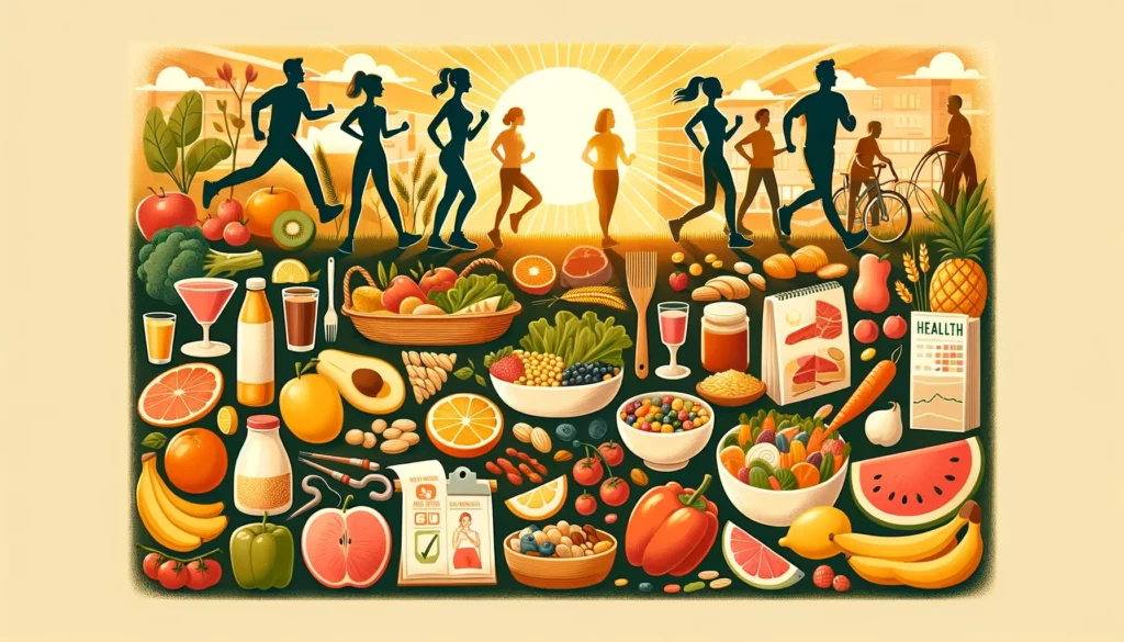 A warm and friendly illustration emphasizing the importance of balanced diet and regular exercise for maintaining health. The image should be memorabl