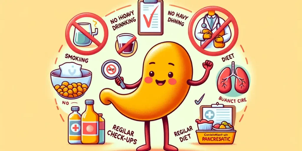 A warm and friendly illustration representing pancreatic health and care. The image should depict a healthy lifestyle for maintaining pancreatic healt