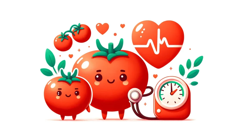 A warm and friendly illustration representing the health benefits of tomatoes in managing blood pressure. The image should be memorable and suitable a