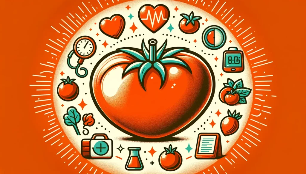 A warm and friendly illustration representing the health benefits of tomatoes. The image should include a large, vibrant tomato in the center, surroun