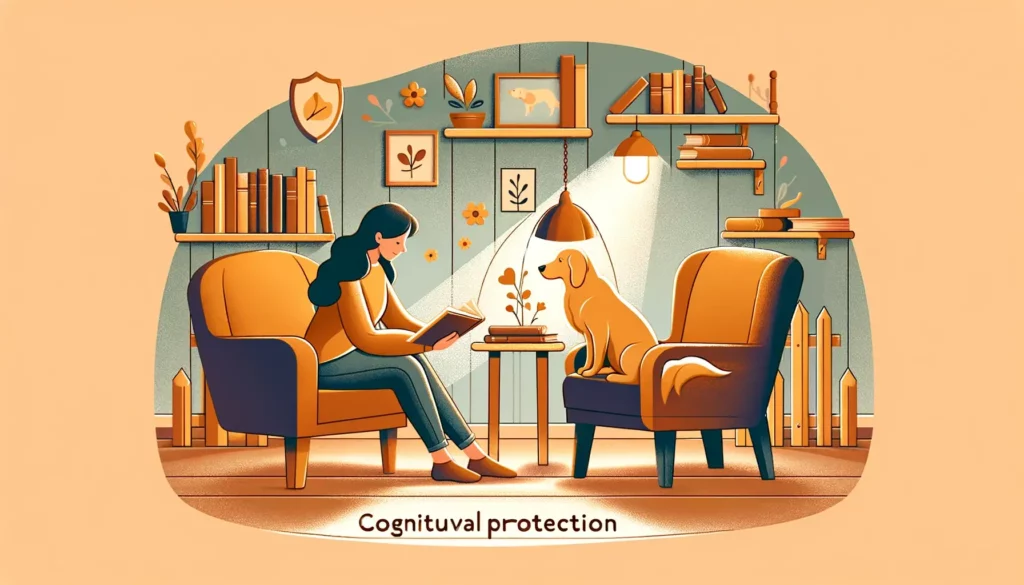 A warm and inviting illustration highlighting the importance of pets in cognitive protection research. The image features a serene setting with a pers