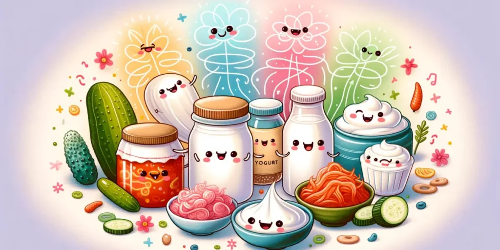 A whimsical and friendly illustration showcasing the importance of fermented foods in healthy weight management. The image features various fermented