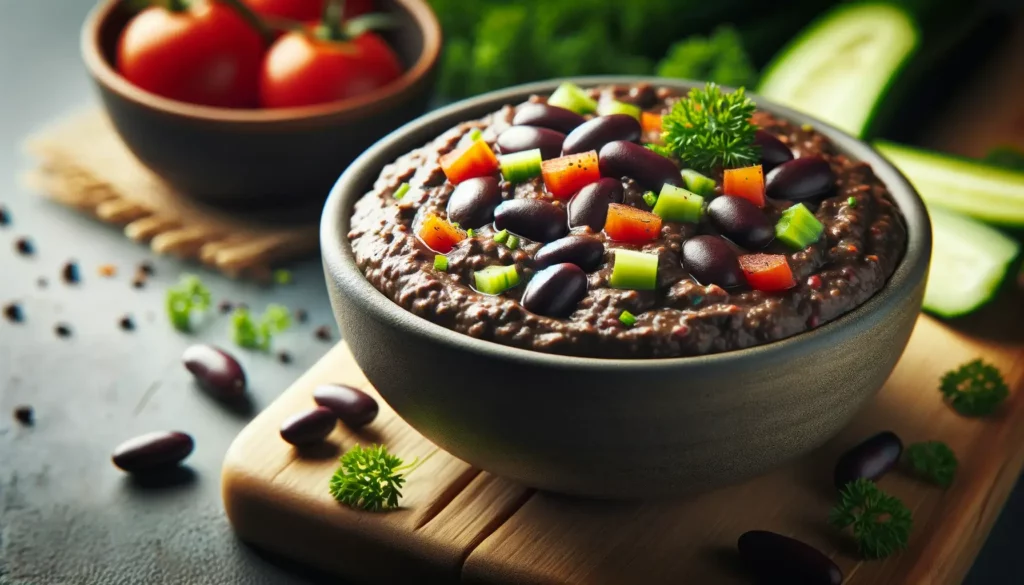 A wholesome and appetizing image of black bean dip, perfect as a protein-rich, salty snack. The dip is made from blended black beans combined with a v