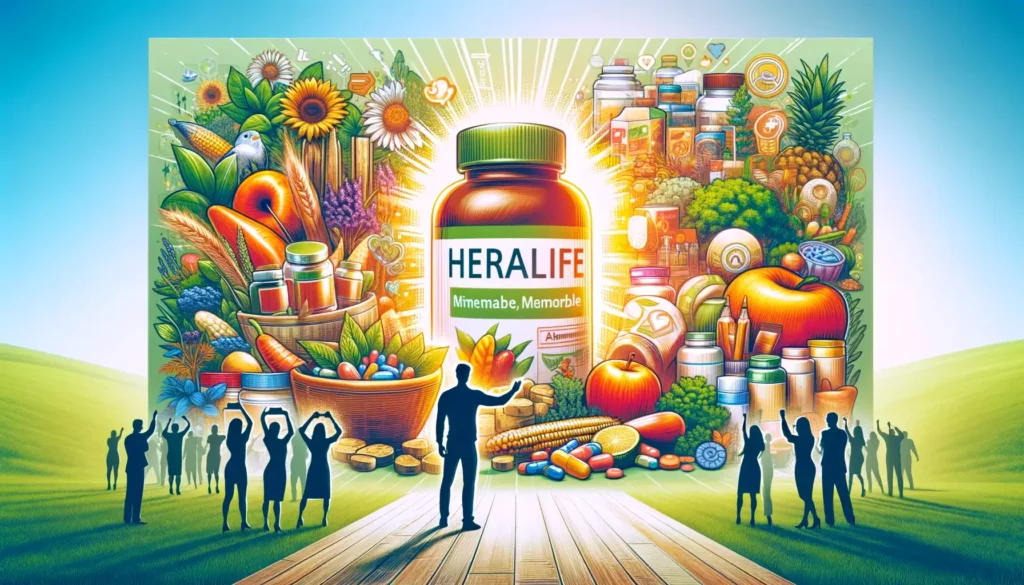 A wide, memorable, and friendly illustration representing the marketing strategy of health supplements, similar to brands like Herbalife. The image sh