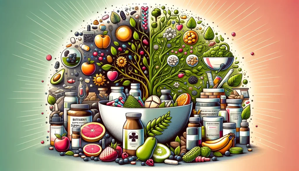 A wide, memorable illustration that captures the concept of health supplements and bio-foods in modern society, highlighting their popularity and thei