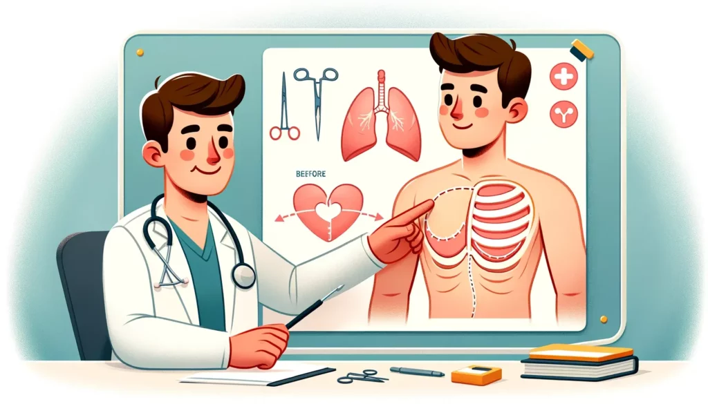 An educational and friendly illustration, simple and memorable, representing the treatment of pectus excavatum (sunken chest). The image focuses on a