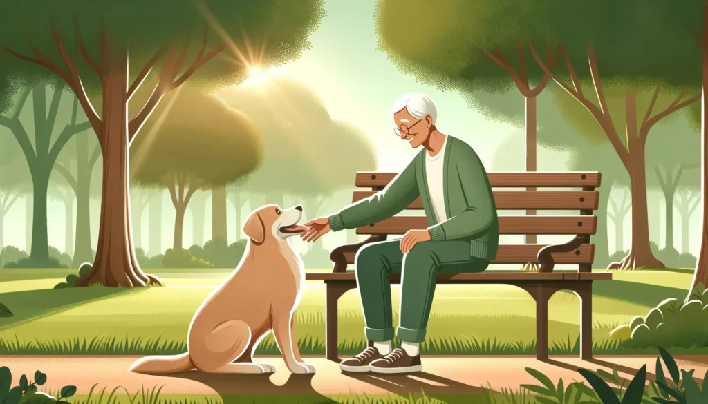 An elderly person sitting on a park bench, happily petting a friendly dog. The scene is serene and calm, with gentle sunlight filtering through the tr