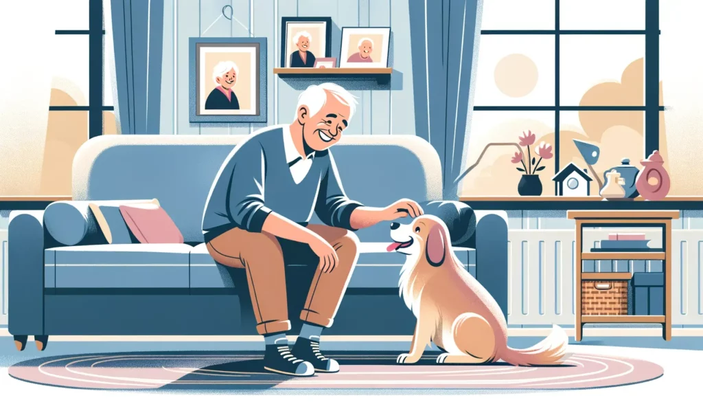 An elderly person with Caucasian descent sitting comfortably in a cozy living room, smiling as they play with a friendly dog. The room is well-lit, em