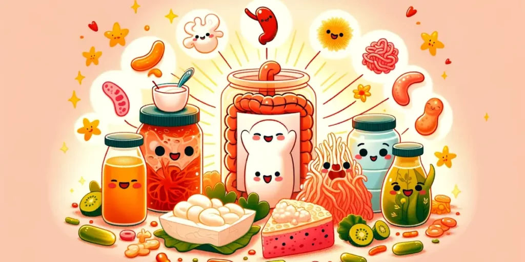 An illustration depicting the benefits of fermented foods for digestion and nutrient absorption. The image should be warm, inviting, and slightly whim