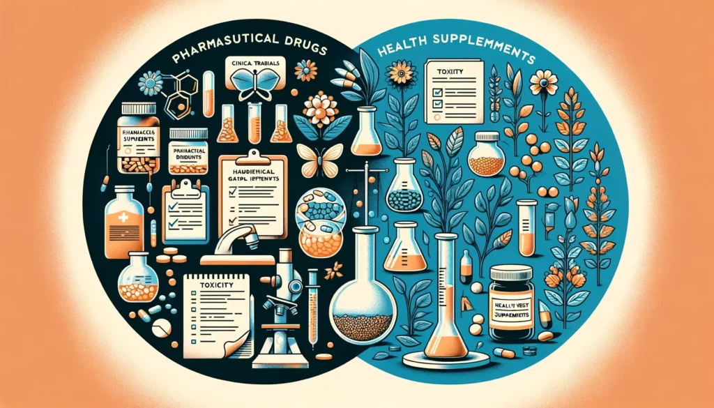 An illustration depicting the fundamental difference between pharmaceutical drugs and health supplements. On the left, show a detailed representation